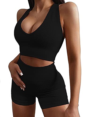 Micoson Women Seamless Yoga Workout Outfits Set 2 Piece,Ribbed Tracksuits High Waist Shorts Leggings Bra Shirts Vest Top
