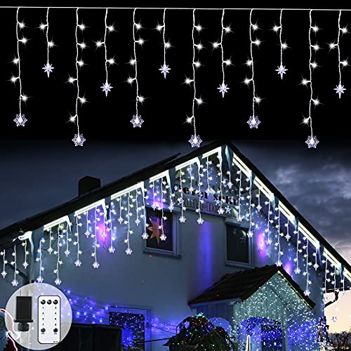 Fanshunlite Icicle Lights with Snowflake and Star, 400LED 33FT, 8 Modes, Curtain String Fairy Light with 80 Drops, Outdoor Christmas Decorations for Indoor Xmas Holiday Wedding Party Decor, Cool White