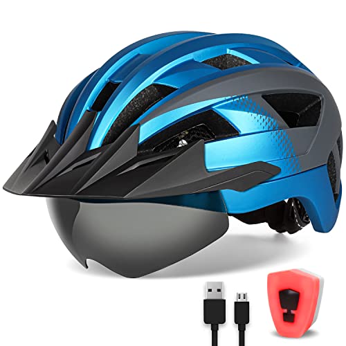 FUNWICT Adult Bike Helmet with Visor and Goggles for Men Women Mountain Road Bicycle Helmet Rechargeable Rear Light Cycling Helmet (L: 57-61 cm (22.4-24 inches), Blue Grey)