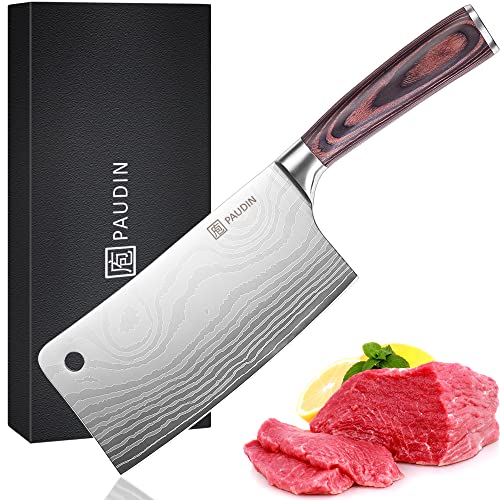 PAUDIN Cleaver Knife, Ultra Sharp Meat Cleaver 7 Inch, High Carbon Stainless Steel Butcher Knife with Forged Blade & Wooden Handle, Heavy Duty Chinese Cleaver for Meat Cutting Vegetable Slicing