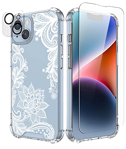 Cutebe [3 in 1] Phone Case for iPhone 13 Case/iPhone 14 Case 6.1 Inch, Cute Crystal Cover with 9H Temper Glass Screen Protector+HD Temper Camera Lens Protector for Women, Girls