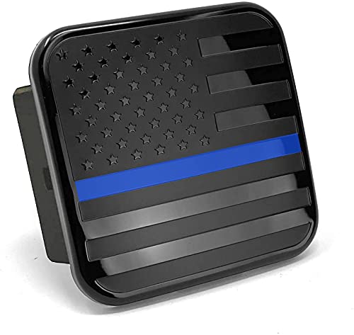 MULL USA Flag Metal Hitch Cover Plug (Fits 2″ Receiver, Black with Thin Blue Line)