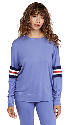 SUNDRY Women’s 3 Color Stripe Sweatshirt, Iris, L