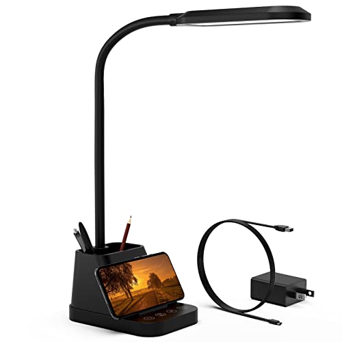 LED Desk Lamp with USB Charging Port, Small Desk Lamps for Home Office, AXX Desk Light for Bedrooms, Black Office Lamp for Small Spaces, 650LM, Gooseneck, Pen Holder, Study Lamps for College Dorm Room