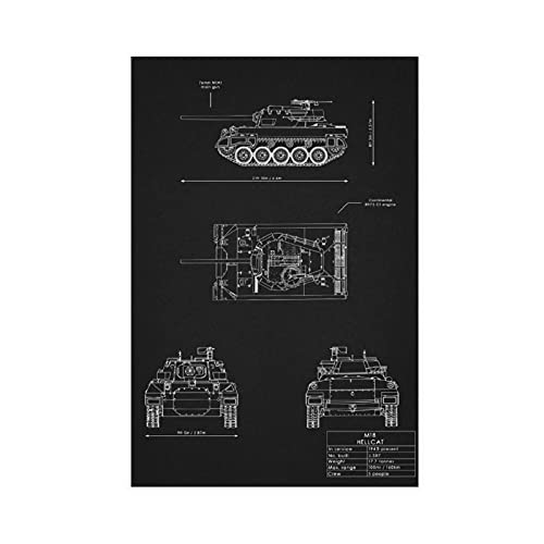 TENGWAN Tank Military Chariot Poster M18 Hellcat Blueprint Poster 1 Canvas Poster Wall Art Decor Print Picture Paintings for Living Room Bedroom Decoration Unframe:12×18inch(30×45cm)