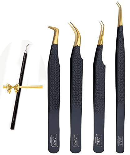 HADIZ Set of 4 Diamond Grip Eyelash Extensions Tweezers Japanese Stainless Steel Lash Tweezer (Black)