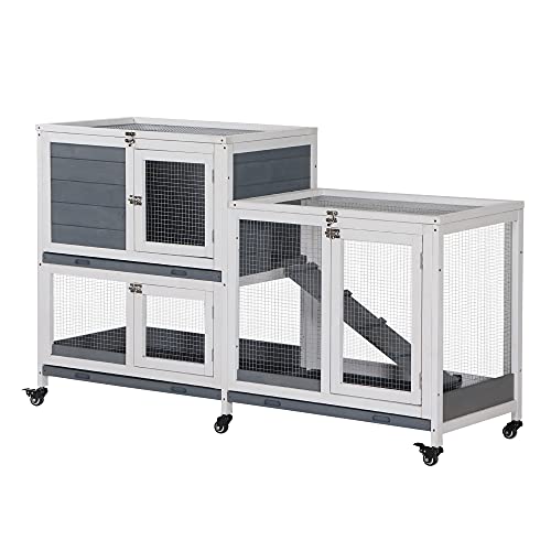 PawHut Wooden Rabbit Hutch Bunny Hutch Elevated Pet House Cage Small Animal Habitat with No Leak Tray Lockable Door Openable Top for Indoor 57.75″ x 18″ x 32.5″ Grey
