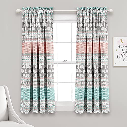 Lush Decor Elephant Stripe Room Darkening Window Curtain Panel Pair, 63″ Long x 52″ Wide, Turquoise & Pink