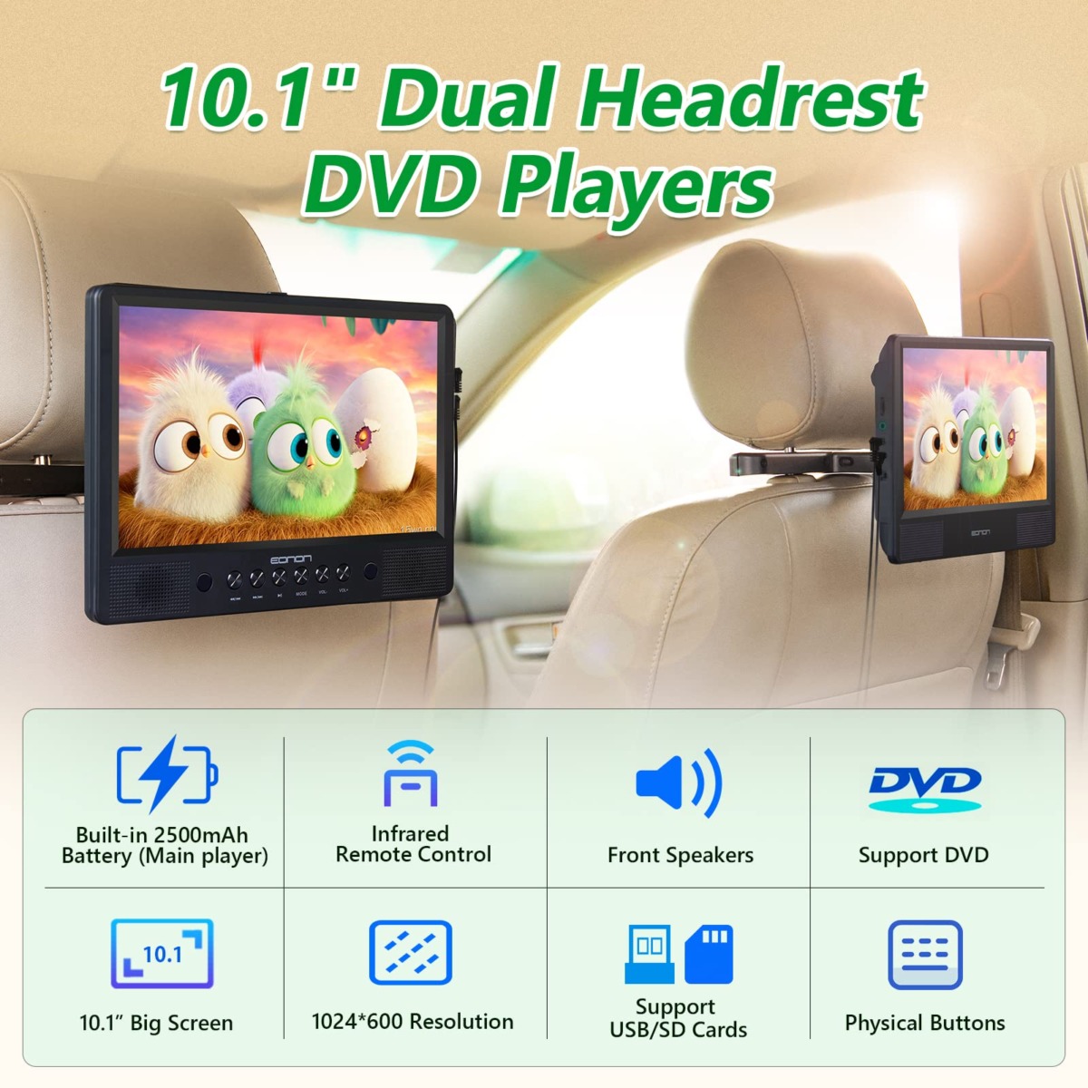 Eonon 10.1 Inch Dual DVD Players,5 Hours Rechargeable Battery,Car DVD Players with 4 Mounting Brackets,Support USB/SD/Last Memory/AV Out & in/Sync TV( 1 Player+1 Monitor )-L0326 | The Storepaperoomates Retail Market - Fast Affordable Shopping