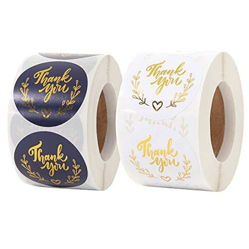 Thank You Stickers, 2 Rolls of 1000, 1.5 Inches in Diameter, Rose Gold Fonts, White/Blue Waterproof Thank You Stickers for Seal and Decorate Bags, Envelopes, Boxes, Greeting Cards, Gifts, Crafts