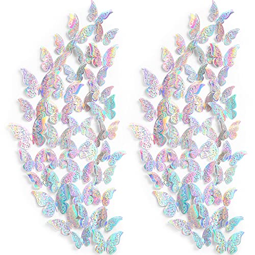120 Pieces 60 Pairs 3D Layered Butterfly Wall Decor Removable Butterfly Stickers Hollow Mural Decals DIY Decorative Wall Art Crafts for Baby Room Home Wedding Decor (Holographic Silver)