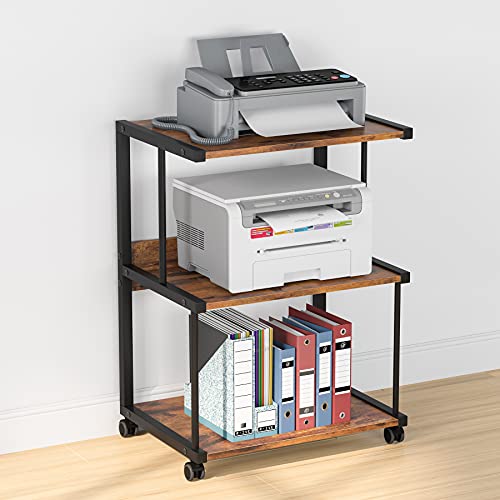 Tribesigns 3-Shelf Printer Stand with Storage, Rolling Printer Table Machine Cart with Wheels, Mobile Desk Organizer Shelves for Office and Home (Rustic Brown)