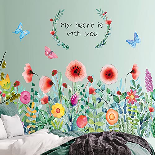 Colorful Flowers Plant Wall Stickers Spring Garden Floral Wall Decals Grass Butterfly Wreath Wisteria Flower Morning Glory Wall Sticker for Girls Bedroom Living Room Corners Skirting Lines Waist Lines