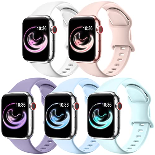 5 Pack Bands Compatible with Apple Watch Band 38mm 40mm 41mm 42mm 44mm 45mm Women Men, Soft Silicone Sport Replacement Strap Compatible with iWatch SE Series 8 7 6 5 4 3 2 1