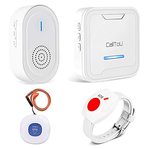 CallToU Wireless Caregiver Pager Smart Call Button Nurse Alert System Waterproof Call Bell for Home/Elderly/Patients/Disabled,2 SOS Transmitters(1 SOS Watches+1 Button) + 2 Receivers