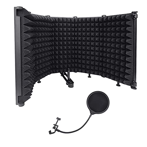 JBER Professional Microphone Isolation Shield with Microphone Pop Filter,Absorbing Foam Reflector Folding Panel,Suitable for blue yeti and any condenser microphone recording equipment（5 Fold）