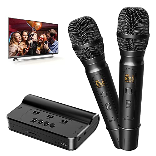 Portable Wireless Microphone Karaoke Mixer System Set, Joyye Dual UHF Wireless Mic with Multifunctional Receiver Wireless Connectivity AUX in/Out for Karaoke, Livestream, Theater Amplifier, Speaker