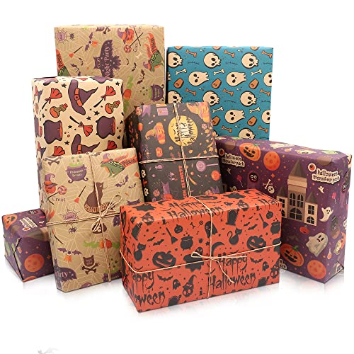 MAMUNU 12 Sheets Halloween Pattern Paper Set, 20×28In Kraft Favor Halloween Wrapping Paper with Sealing Stickers for Halloween Party Decoration DIY Crafting Art Projects