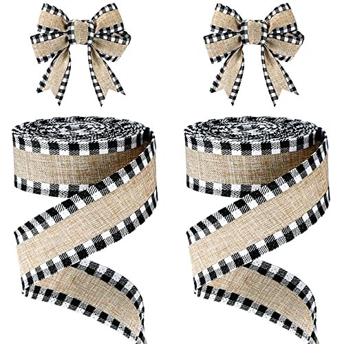 2 Rolls Christmas Buffalo Plaid Wired Edge Ribbons Christmas Tree Burlap Fabric Craft Ribbon Wrapping Ribbon with Checkered Edge, 216 Inch (Black and White,1.5 Inch Width)