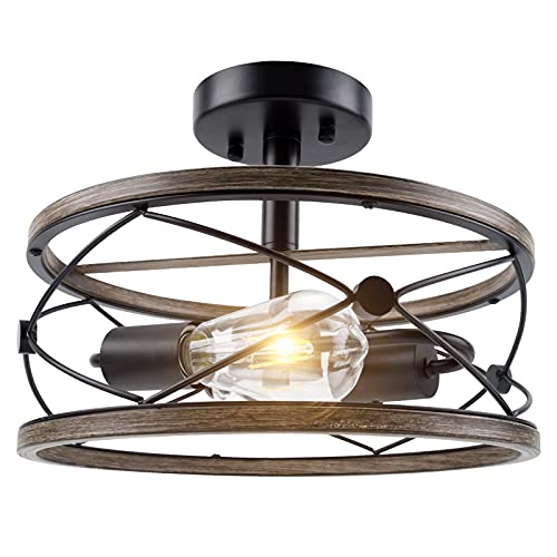 BRILLIHOOD Retro Semi Flush Mount Ceiling Light Fixture, 2-Light Rustic Vintage Wood Ceiling Light, Black Industrial Farmhouse Ceiling Lamp with Bulbs for Hallway, Entryway, Bedroom, Dining Room | The Storepaperoomates Retail Market - Fast Affordable Shopping