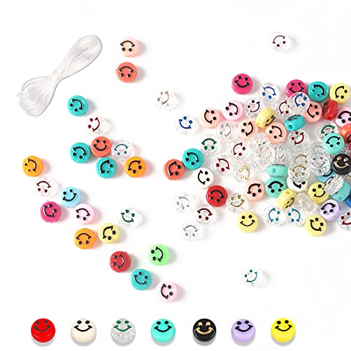 Smiley Face Beads – Reastar 100PCS Acrylic Beads, Happy Face Beads with Crystal Bracelet String – for Jewelry Making DIY Bracelet Earring Necklace Craft Making Supplies (Diameter 10mm)