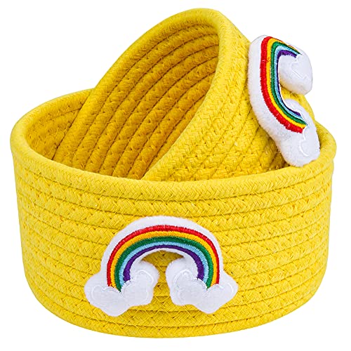LixinJu Small Basket for Organizing Small Woven Basket Set of 2 Rainbow Small Rope Basket Decorative Mini Storage Bins Round Little for Desk Dog Cat Toy Kids Baby Girls Gifts, Yellow