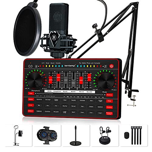 Podcast Microphone Sound Card Set, G3 Live Sound Mixer, M8 Condenser Mic, Mic Arm Stand, Ring litght with Phone Clip for Streaming, Broadcasting, Tiktok, YouTube on Cellphone or Computer