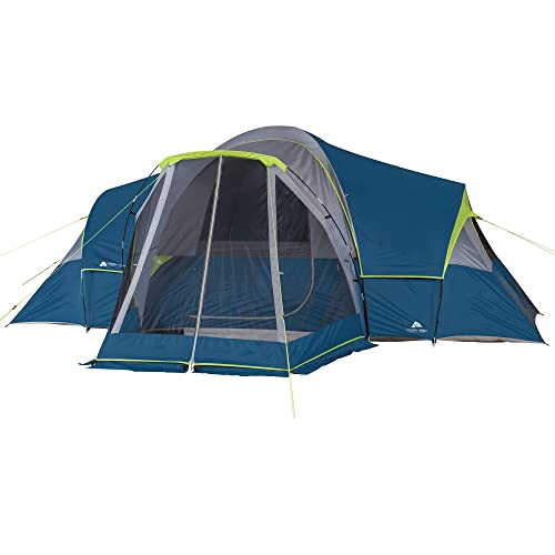 Dome Tent Ozark Trail 10-Person Family Camping Tent with 3 Rooms and Screen Porch, blue