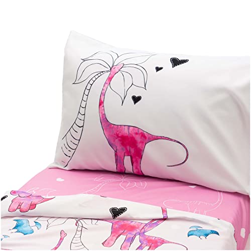 JumpOff Jo – Twin Sheet Set (3 Pcs) – 1 Fitted Sheet, 1 Flat Sheet, & 1 Pillow Case – Hypoallergenic, Breathable, Microfiber Kids Bedding – Pink Dinosaur