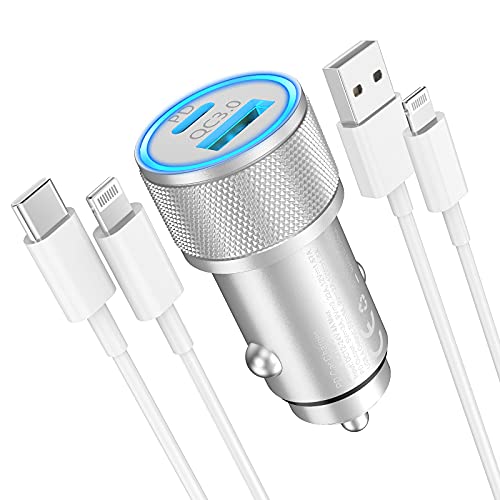 [Apple MFi Certified] iPhone Fast Car Charger, Veetone 48W Dual Port USB C Power Delivery All Metal Car Adapter with 2 Pack Lightning Cable, PD/QC 3.0 Type C Rapid Car Charging for iPhone/iPad/Airpods