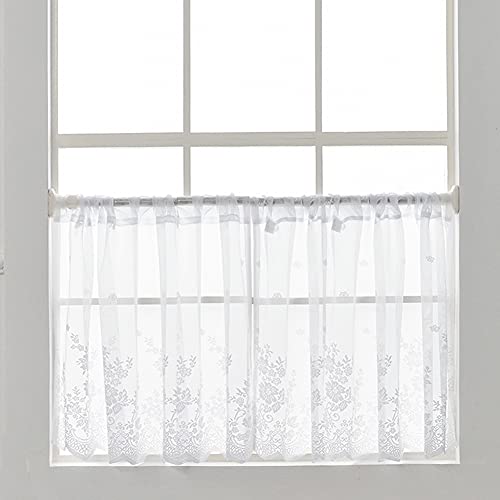 ALIGOGO White Lace Kitchen Curtains 24 inch Length Sets- Vintage Floral Lace Tier Curtains Cafe Curtains for Small Kitchen Window Bathroom Cabinet Curtains, 29 W x 24 L Inch, White