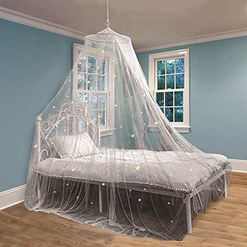 White Bed Canopy for Girls Bed with Glowing Stars – Canopy Bed Curtains Princess Room Decor, Ceiling Net to Cover Toddler Crib | Single, Twin, Full, Queen Size Kids Bed Curtains, Fire Retardant Fabric
