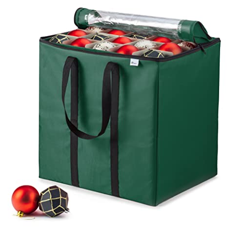 ZOBER Premium Carrying Christmas Ornament storage Box with Clear Lid, 3″ Compartment, Contains 5 Trays, Keeps 100 Holiday Ornaments & Xmas Accessories, Made Of Tear Proof Made Of 600D Oxford Fabric