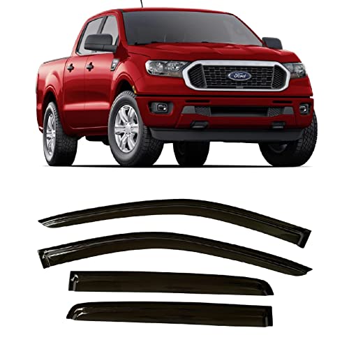 Smoke Tinted Tape-On Side Window Visor Deflectors Rain Guards Compatible with Ford Ranger SuperCrew 2019 2020 2021 2022 2023 XL XLT Lariat