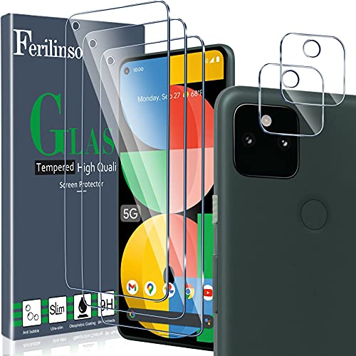 Ferilinso Designed for Google Pixel 5a 5G 2021 Screen Protector, [Not Fit Pixel 5 2020] 3 Pack HD Tempered Glass with 2 Pack Camera Lens Protector [Case Friendly] [Bubble Free] [Easy Installation]
