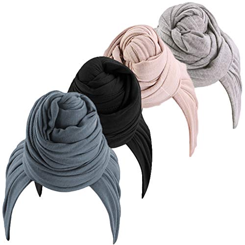 4 Pieces Muslim Long Tail Scarf Hat Stretchy Jersey Turban Chemo Cap Hair Loss Headwrap Head Cover Wrap Caps Bonnet Hat