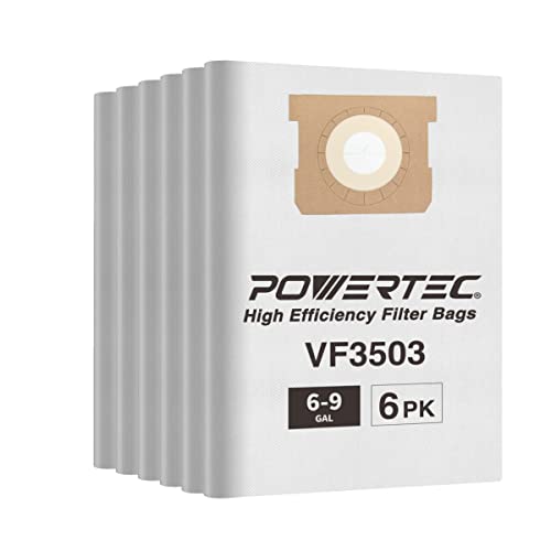 POWERTEC 75016-P3 6PK, VF3503 Size B, 6-9 Gal Filter Bags for Ridgid Wet Dry Vacuum