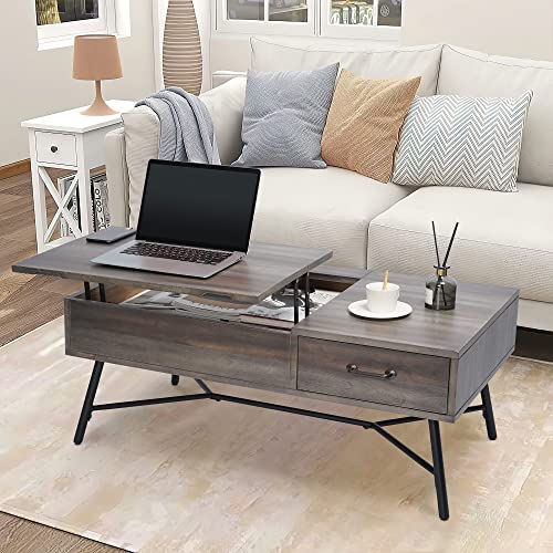 GREATUNE MCM Lift Top Coffee Table with USB Charging Ports and Outlets, Birch Wood Central Table with Hidden Storage and Drawer, Rising Adjustable Tabletop for Living Room, Office, Industrial Grey