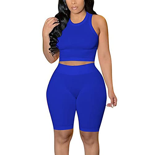 Halfword Women’s Plus Size Workout Outfits Sexy 2 Piece Crop Top Bodycon Short Yoga Biker Sets Tracksuits Blue XL