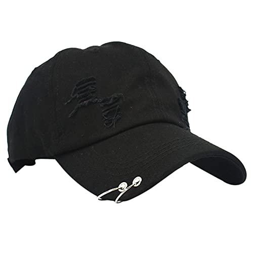 Belsen Distressed Washed Denim Ring Baseball Cap Hip Hop Vintage Dad Hat Adjustable (Black)