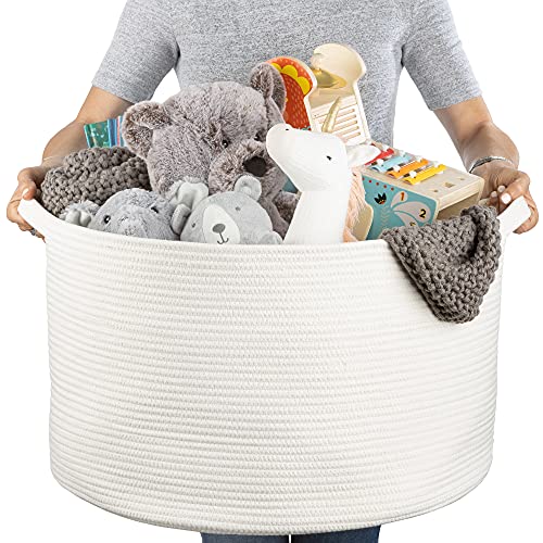 XXL Cotton Rope Basket (22”x14”), White, 100% Natural Cotton, Extra Large Woven Storage Basket, Blanket Basket Living Room, Toy Storage Basket, Pillow Basket, Laundry Basket, Round Basket, Baby Hamper