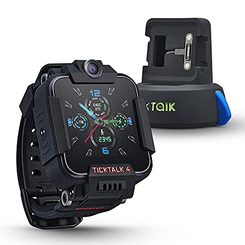 TickTalk 4 Kids Smartwatch with Power Base Bundle (Black Watch with Red Pocket SIM On T-Mobile’s Network)