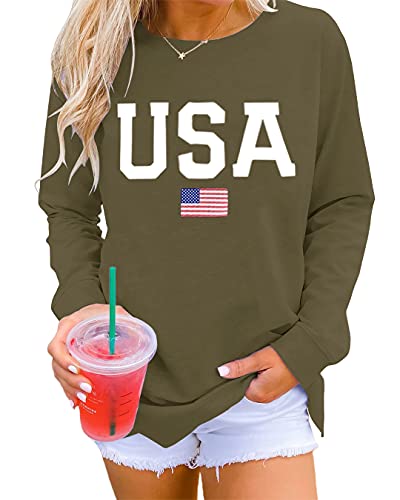 Dressmine Women’s Casual USA Flag Fourth July Shirts America Top Long Sleeve Graphic Crew Neck Sweatshirt Pullover Army Green Medium