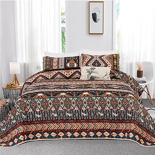 Boho Quilt Set Queen,Southwestern Stripe Bedding Set with 2 Pillowcases, 3 Pieces Reversible Bohemian Birds Pattern Quilted Jacquard Coverlet Set for All Seasons Patchwork Queen(90″x96″)