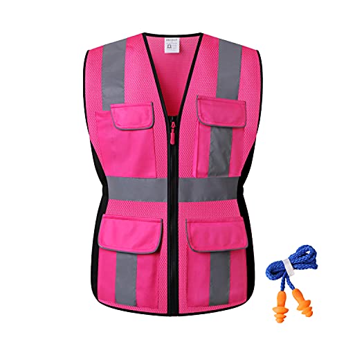 RSMINUO Reflective Safety Vest for Women, High Visibility Mesh Breathable Lady WorkWear with Pockets and Zipper (Pink, Medium)