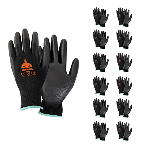 Jack Boss 12 Pack Safety Work Gloves for Men & Women With PU Coated Grip On Palm & Fingers Seamless Knit Working Gloves for Light Duty Works,Gardening