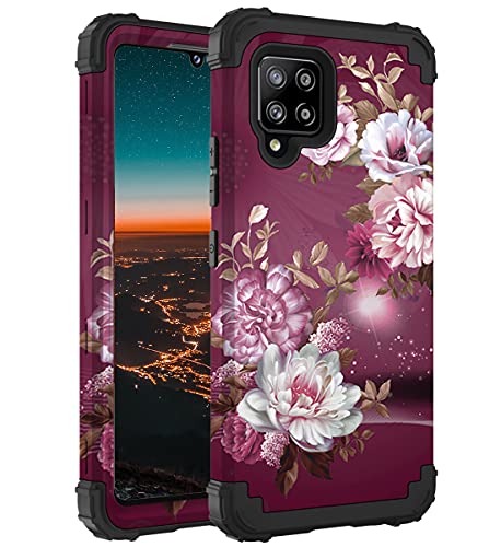 Sterker for Samsung Galaxy A42 5G Case, Heavy Duty Shockproof Soft Silicone Rubber Bumper+Hard Plastic Hybrid Protective Case for Samsung Galaxy A42 5G (6.6″ Display) 2021 – Burgundy Flowers