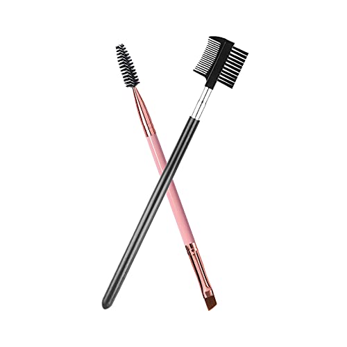 Duo Eyebrow Brush, Eyebrow Brush Eyelash Comb and Eyebrow brush, Professional Angled Eye Brow Brush and Spoolie Brush Set. (Black+Pink)