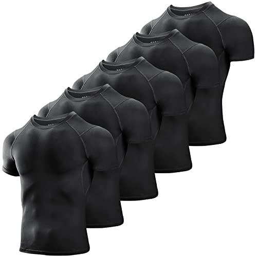 Niksa Men’s Compression Shirts 5 Pack, Short Sleeve Athletic Compression Tops Cool Dry Workout T Shirt Dark Black