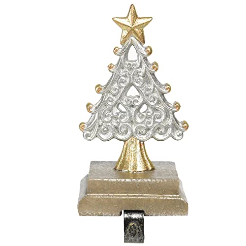 Newman House Studio Stocking-Holder Christmas-Decorations Indoor Christmas Tree – Silver and Gold Stocking Hanger with Hook for Fireplace or Mantle Holiday Décor 4.7*4.1*8.3 Inch